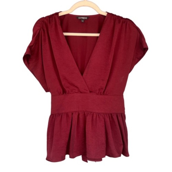 Express Burgundy Blouse V-Neck Kimono Sleeve Peplum Top Small - Picture 7 of 8